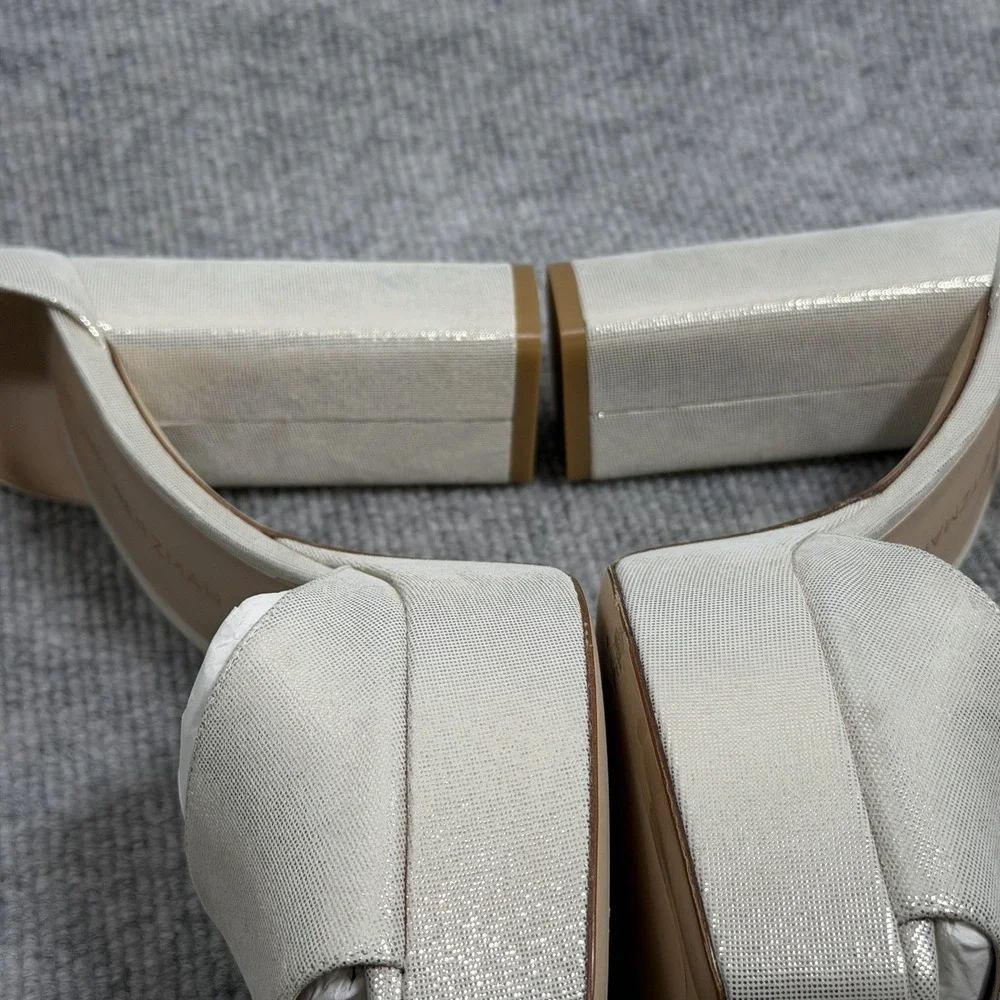 Stuart Weitzman Size-8.5B Sabrina Platform Linen Leather Shimmer Beige $575